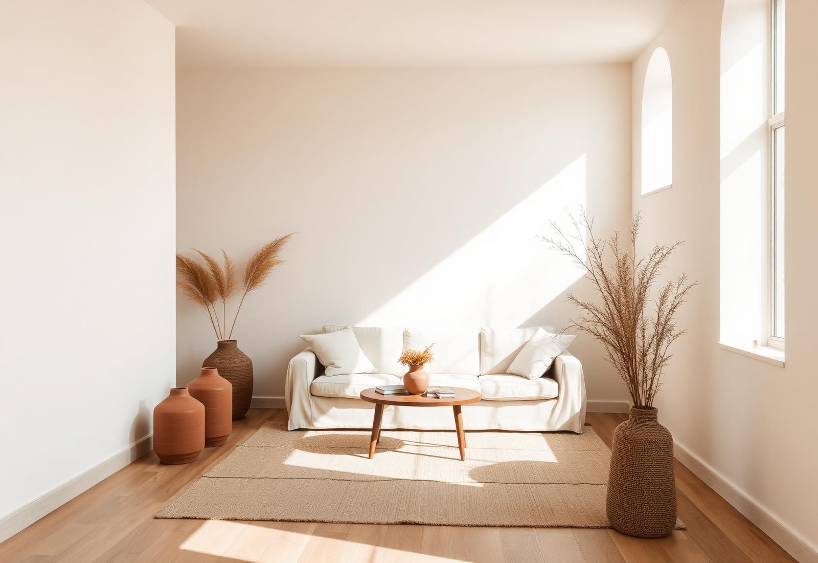 A sunlit room with linen sofa and terracotta vessels